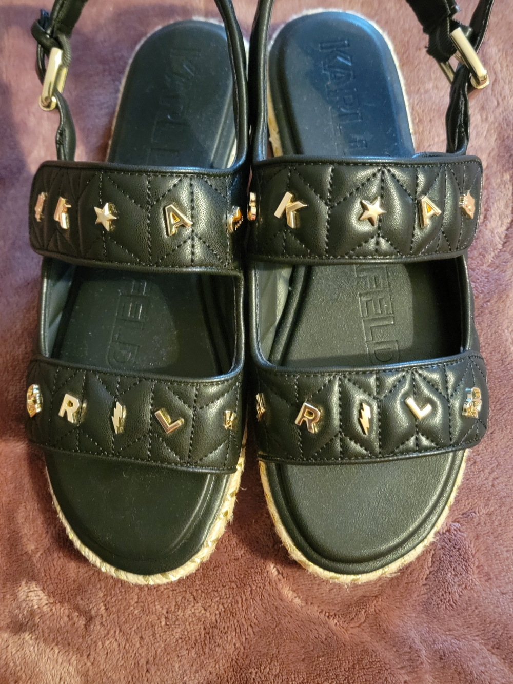 Black Quilted Studded Platform Sandals with Gold Accents
